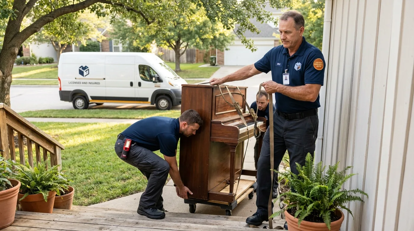 Licensed piano movers securing grand piano in Potterville, MI