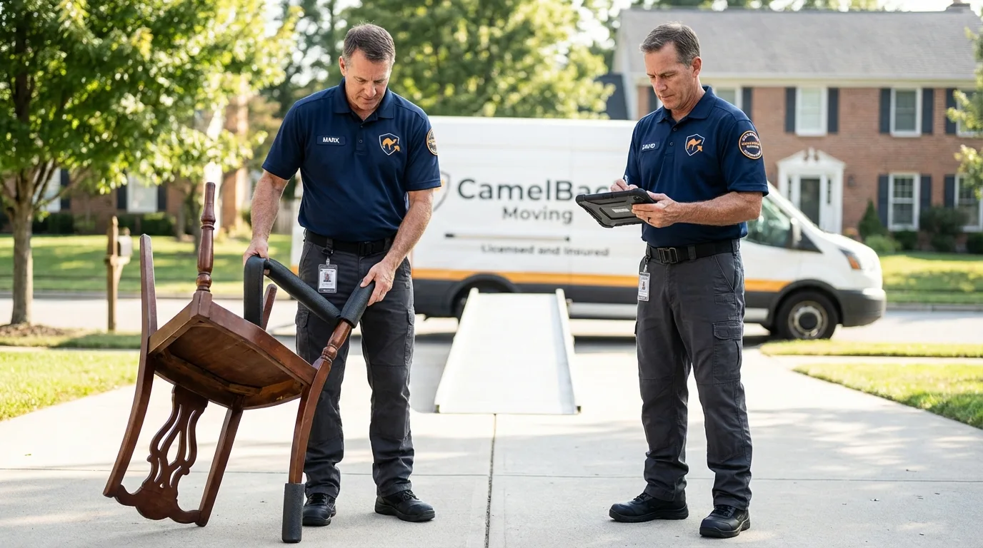 Movers inspecting furniture for damage prevention before loading in Potterville, MI