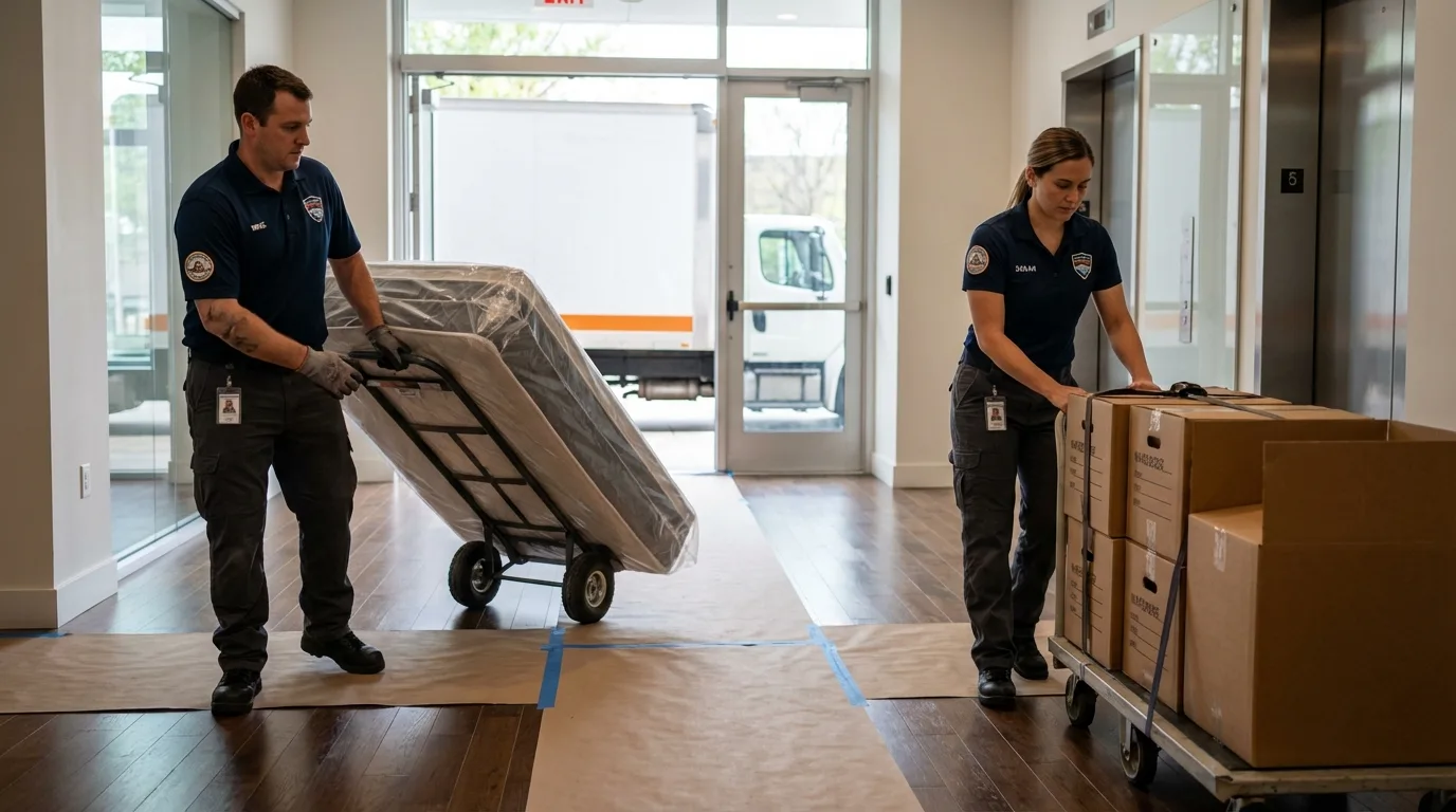 Professional apartment movers loading elevator in Potterville, MI